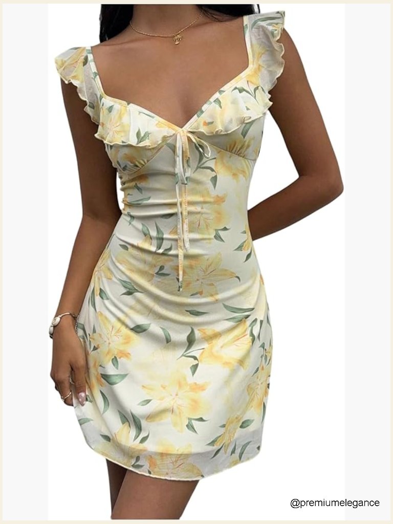 Floral Ruffle Bodycon Sundress Sweetheart Neck Tie Front Summer Dress